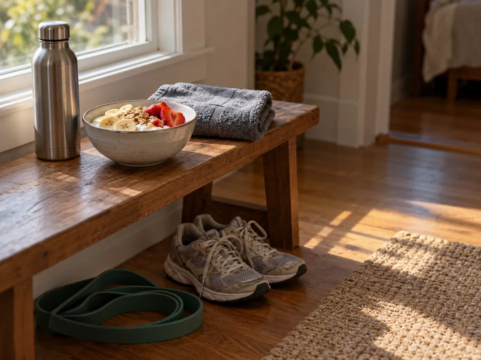 Tigela de iogurte com frutas, garrafa d'água, toalha, tênis e elástico de exercício sobre um banco.